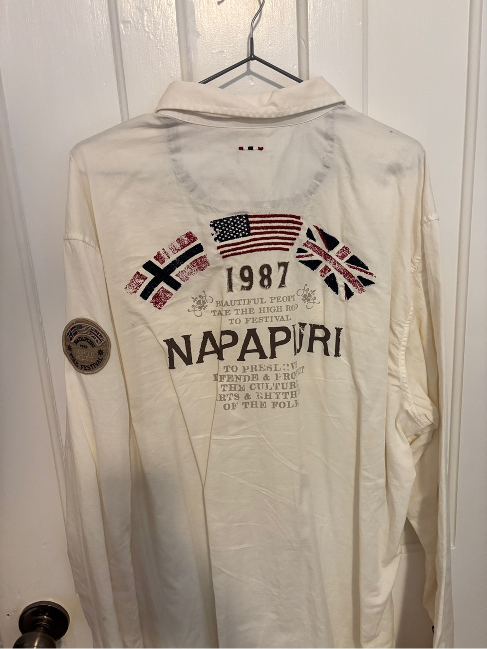 Napapijri Cream Long-Sleeve Button Down Shirt with Flag Graphics